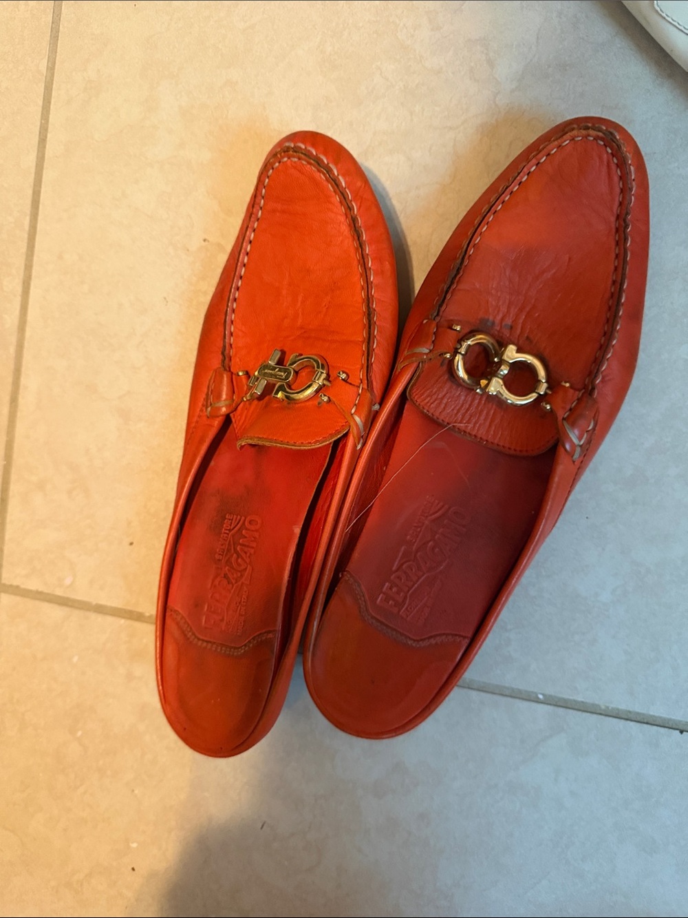 Salvatore Ferragamo Red-Orange Leather Bit Slip-On Loafers